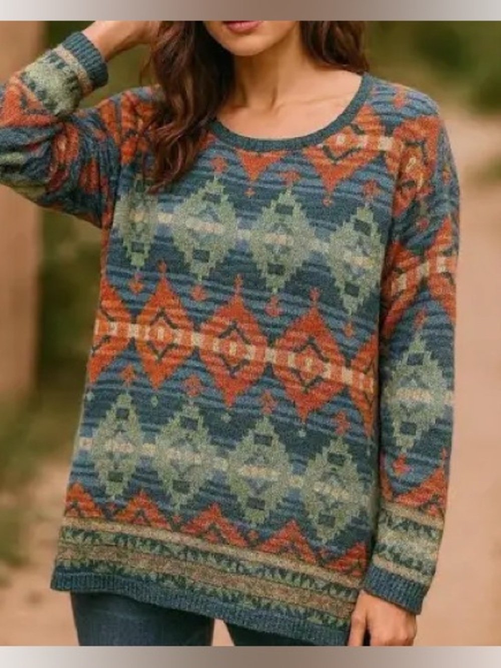 Denim & Supply Ralph Lauren Tribal Crewneck Sweater in Blue, Orange & Cream